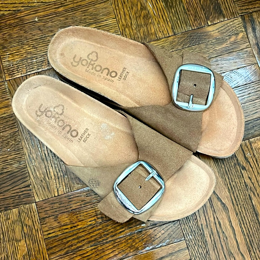 Yokono Slide Buckle Cork Footbed Leather Sock Women's Sandals Size 6 1/2
